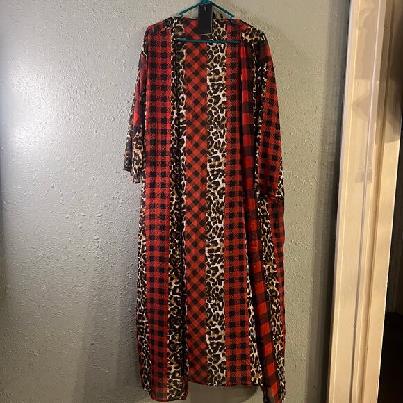 Women’s duster wrap sheer animal print and buffalo plaid red and black 3X boho